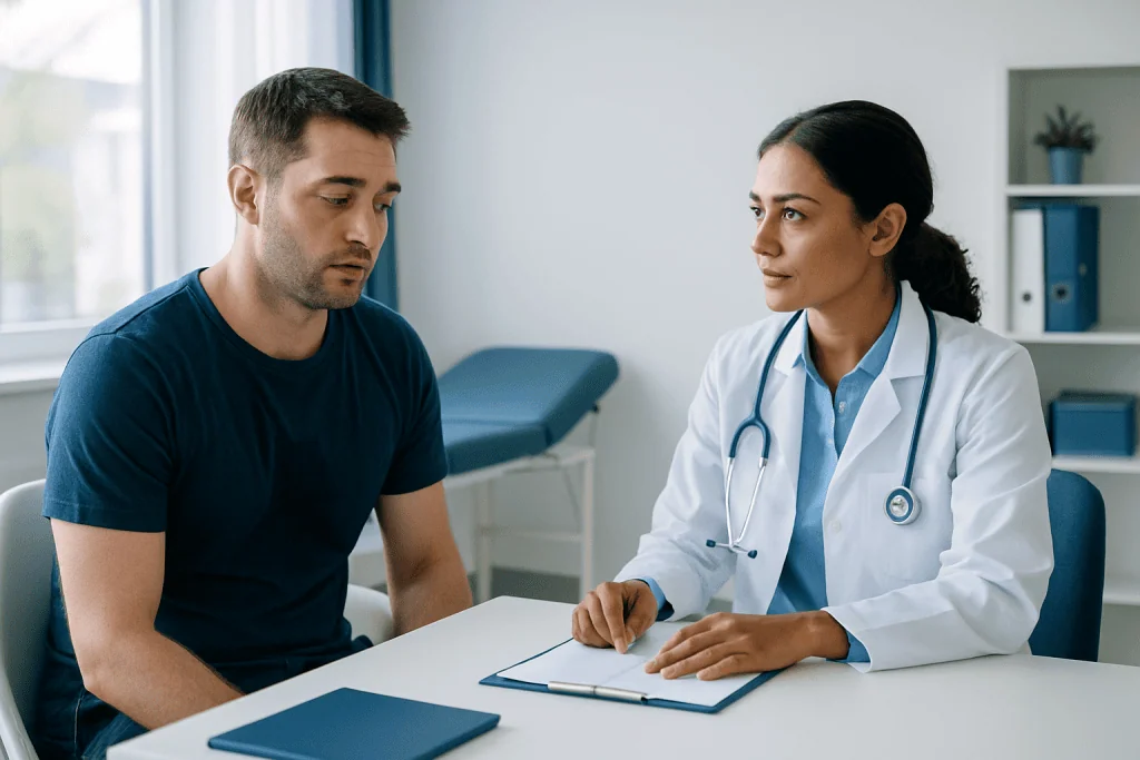 Doctor consulting with a male patient in a medical office.