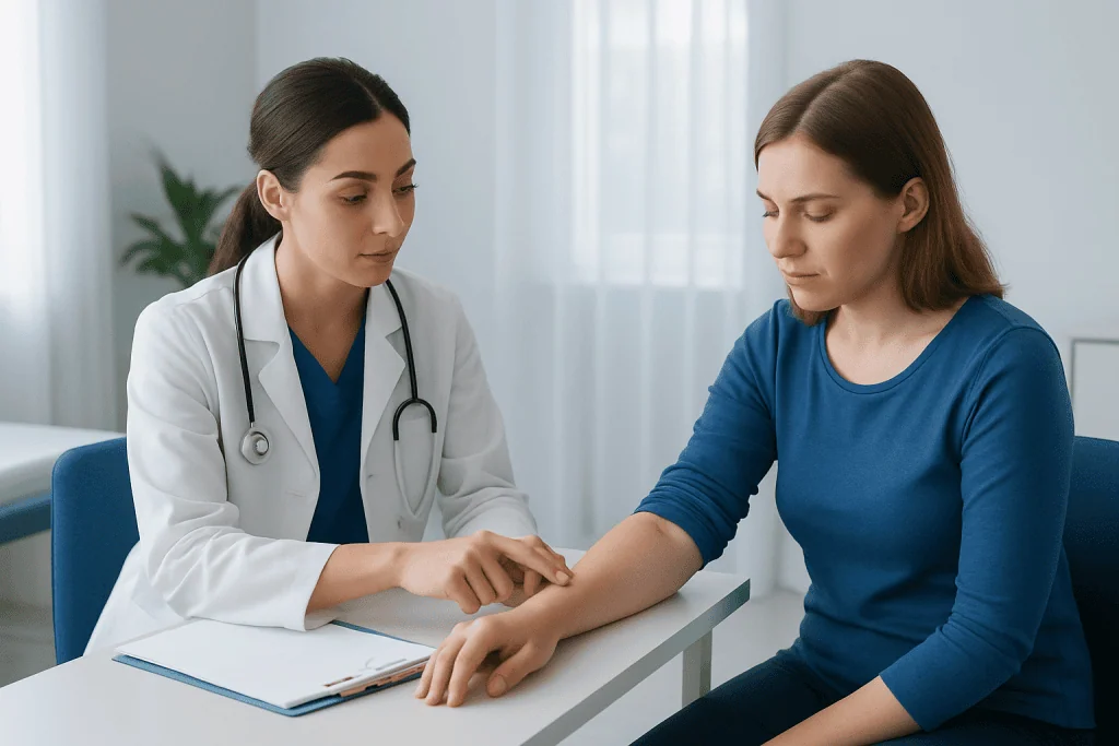 Doctor examining a woman's arm in a medical consultation room.