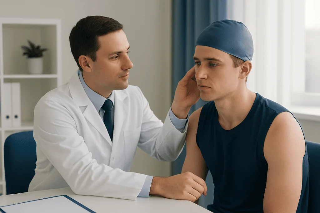 Doctor examining patient's ear in a consultation room.