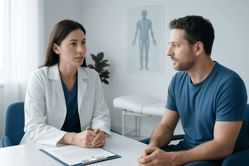 Doctor consulting patient in a medical office setting.
