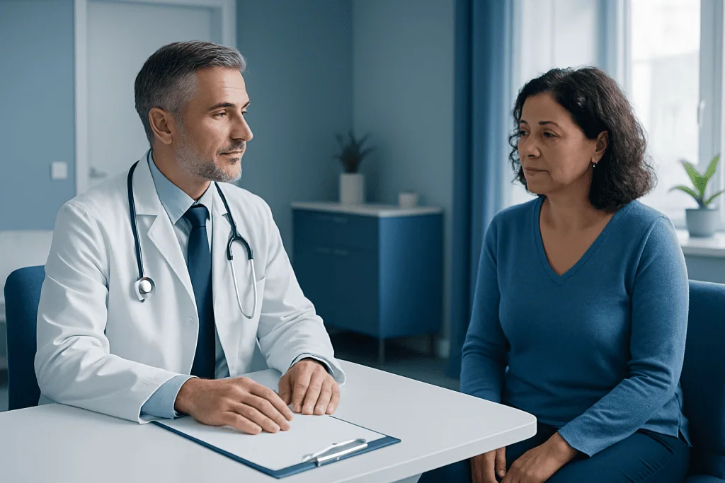 Doctor consulting with a female patient in a medical office setting.