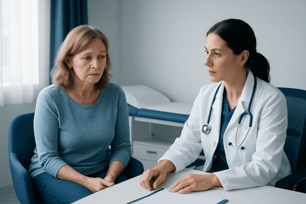 Doctor consulting with an older woman in a medical office setting.