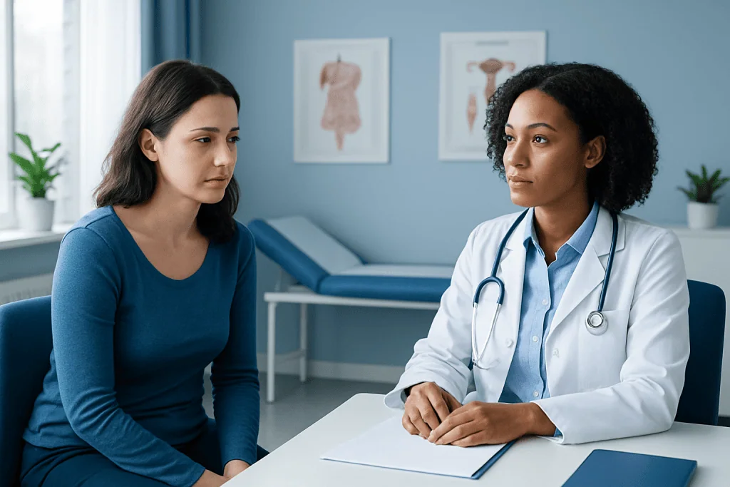 Doctor consulting with a woman patient in a medical office.