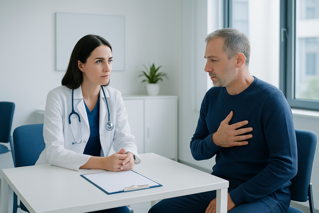Doctor consulting with a patient about heart health in a modern clinic.