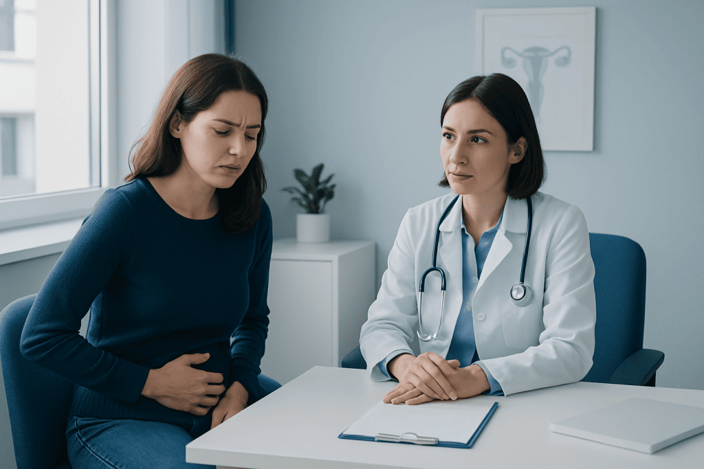 Doctor consulting a patient about menstrual health issues in a clinic.