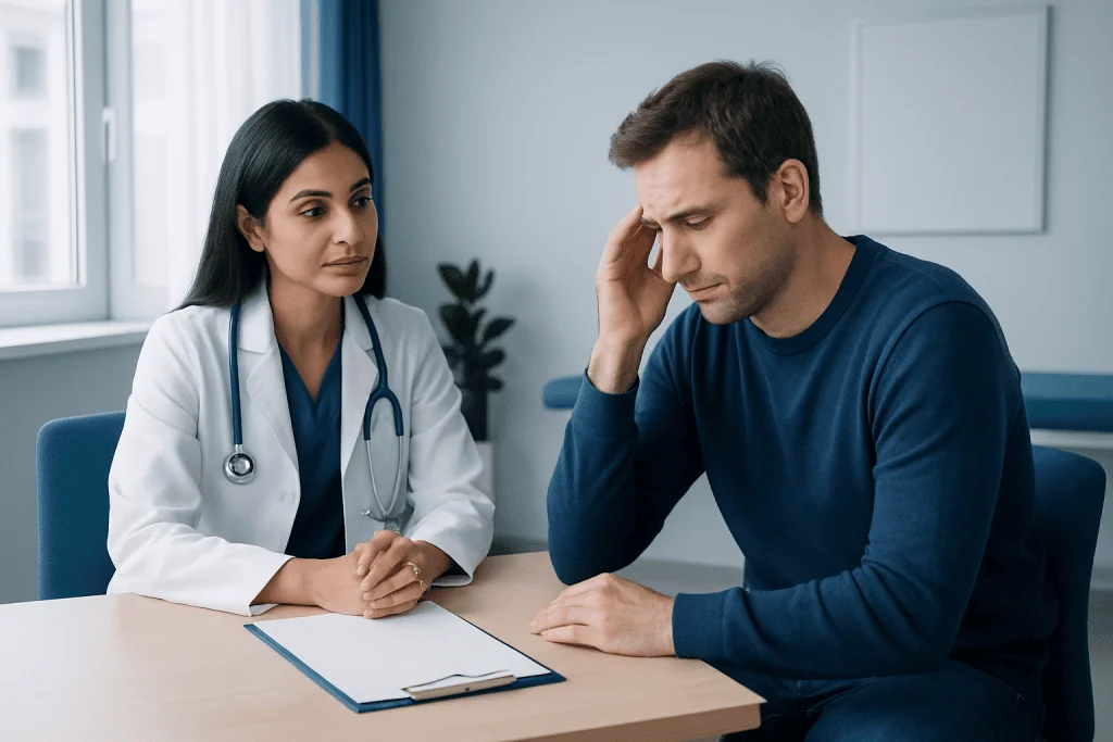 Doctor consulting with a patient about neurological symptoms.