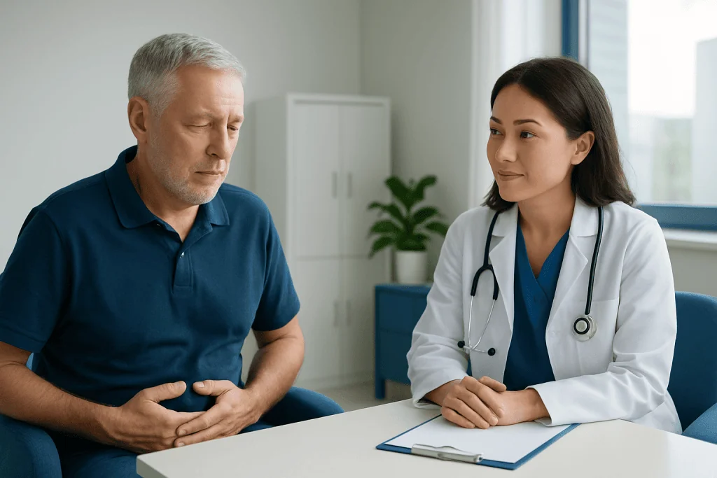 Doctor consulting with an elderly male patient in a hospital room.