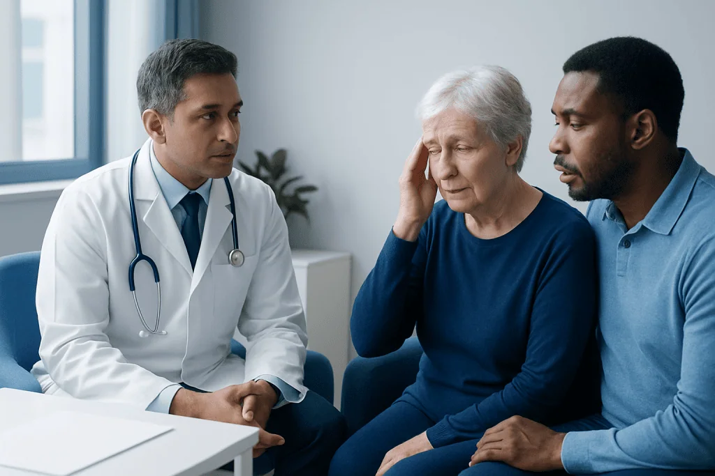Doctor consulting with elderly woman and caregiver in hospital setting.