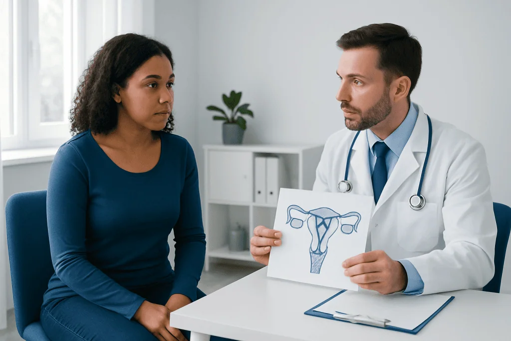 Doctor explaining uterine health to a patient in a clinic setting.