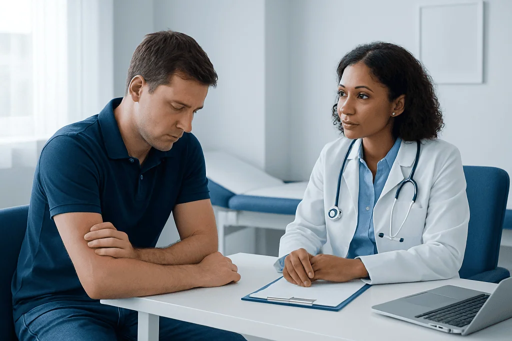 Doctor consulting with patient in a medical office setting.