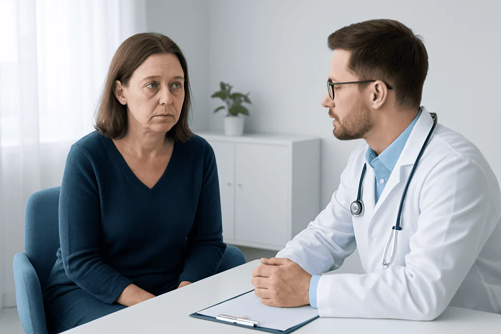 Doctor consulting with middle-aged woman about health concerns.