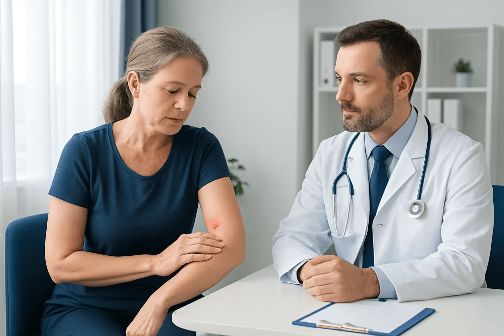 Doctor examining a woman's arm for a skin reaction or allergy.