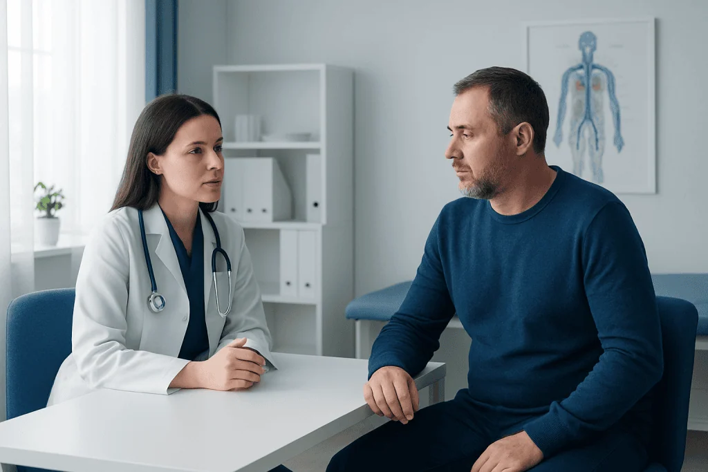 Doctor consulting with male patient in a medical office setting.