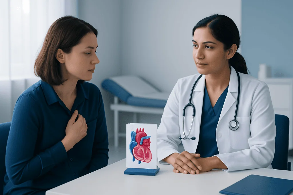 Doctor explaining atrial septal defect to patient with heart model.