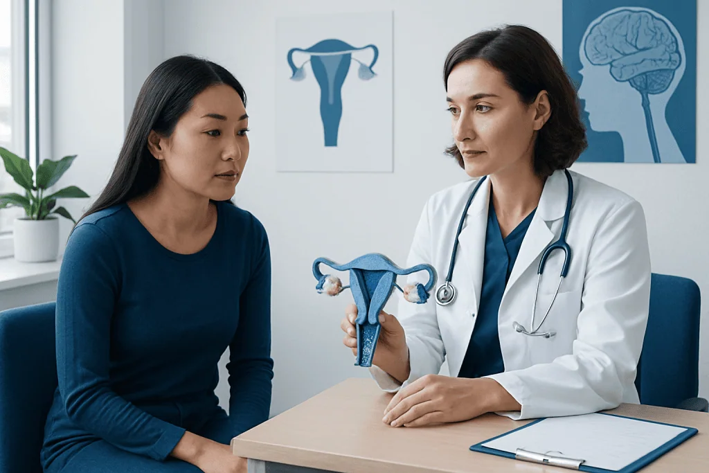 Doctor explaining menstrual cycle to patient with anatomical charts in background.