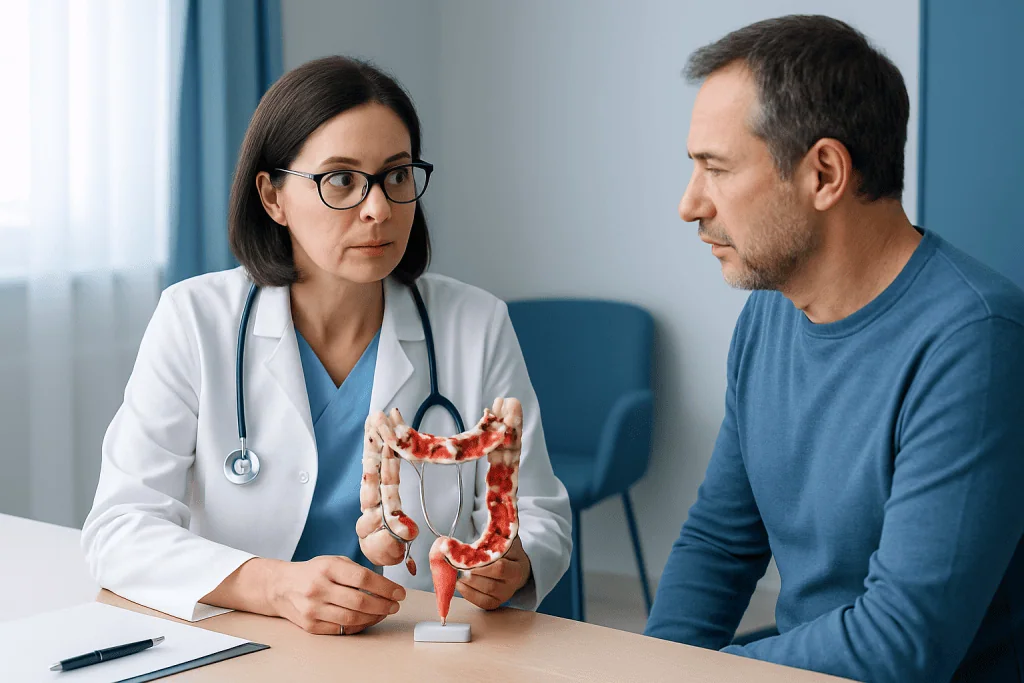 Doctor explaining colon anatomy to patient in consultation room.