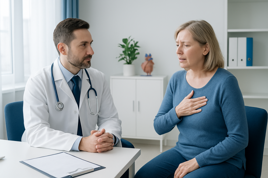 Doctor consulting with a woman patient about heart symptoms in a clinic.