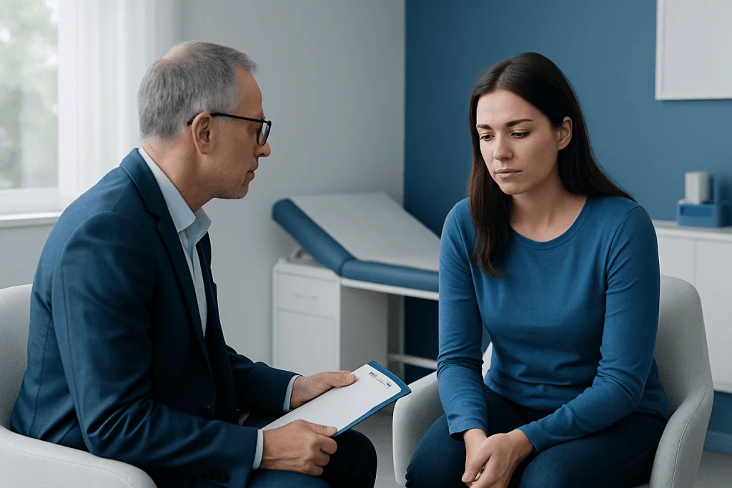 Psychologist consulting with a young woman in a therapy session at a clinic.