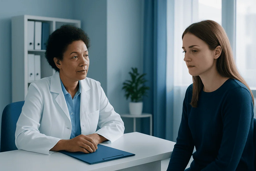 Doctor consulting with a young woman in a medical office setting.