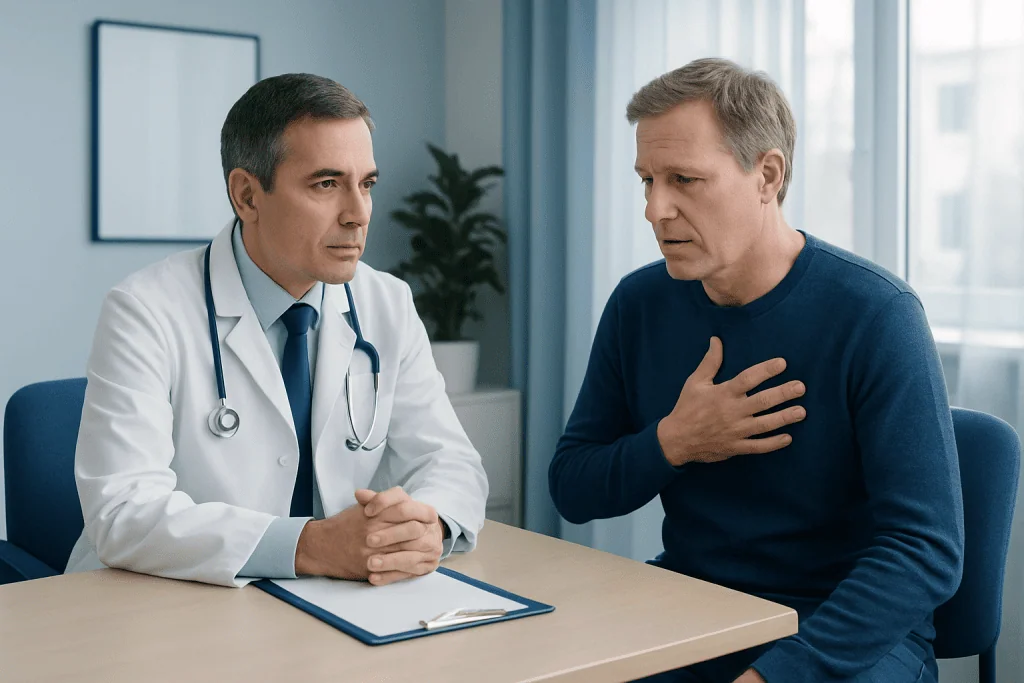Doctor consulting with a patient about symptoms in a medical office.
