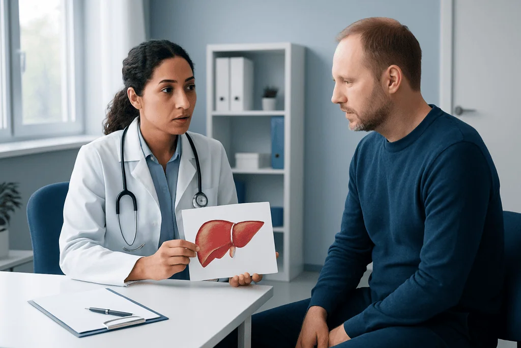 Doctor explaining liver health to patient in a consultation room.