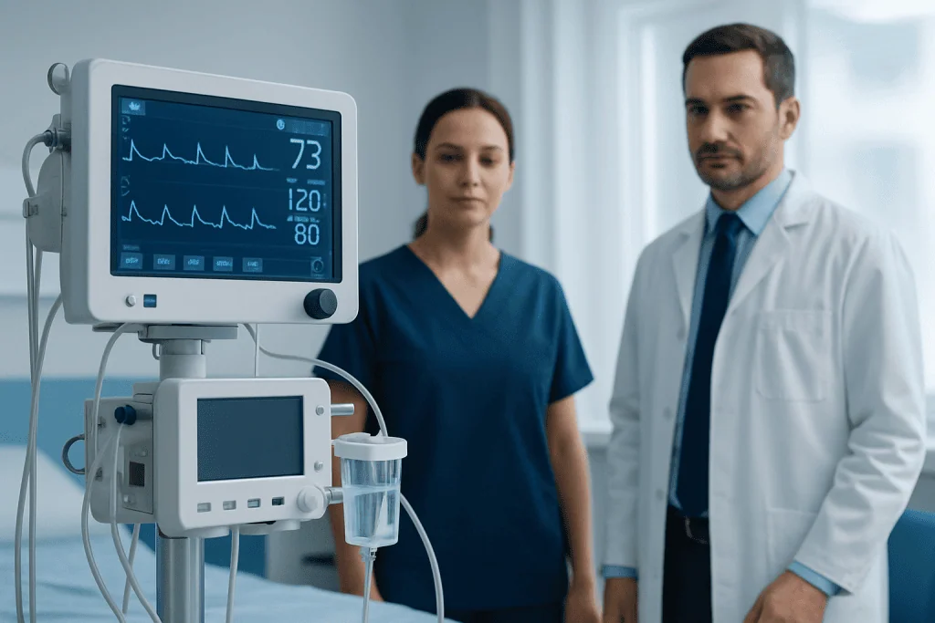 Medical professionals monitoring patient vital signs in hospital.