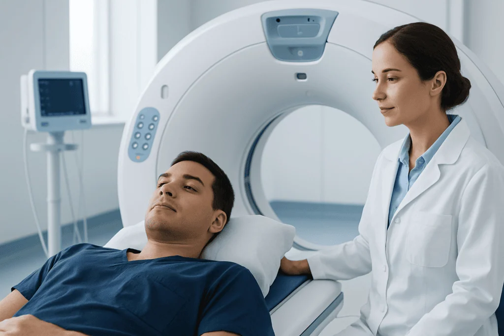 Patient undergoing a CT scan at Acibadem Hospital for diagnostic imaging.