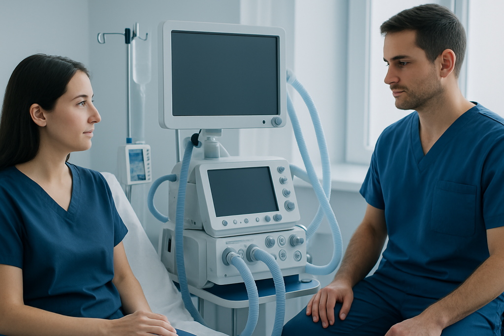 Medical professionals discussing patient care in a hospital room with ventilator equipment.