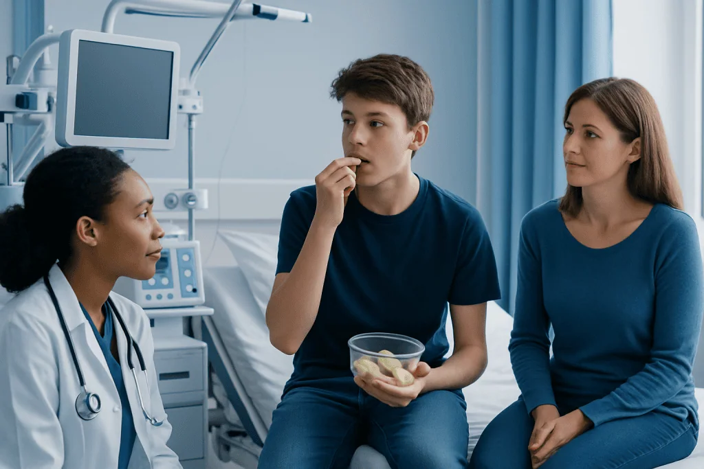 Teen boy consulting with doctor about healthy snacks in hospital.