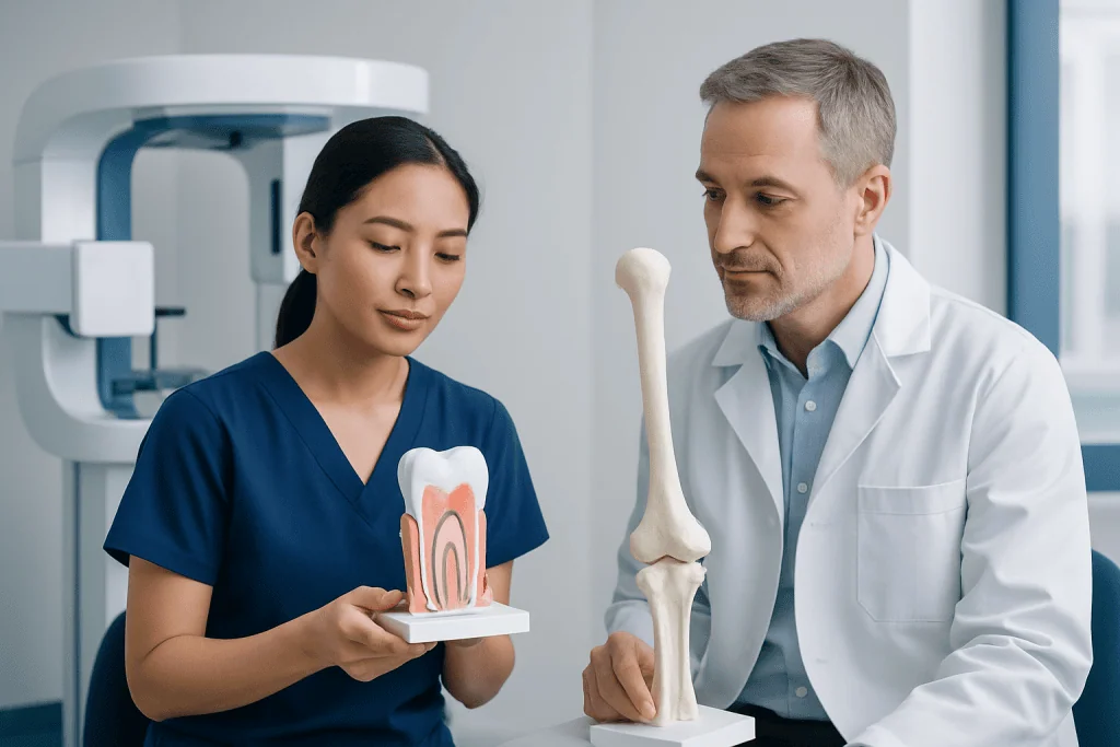 Dentist and nurse examining a bone and dental model in a clinic setting.