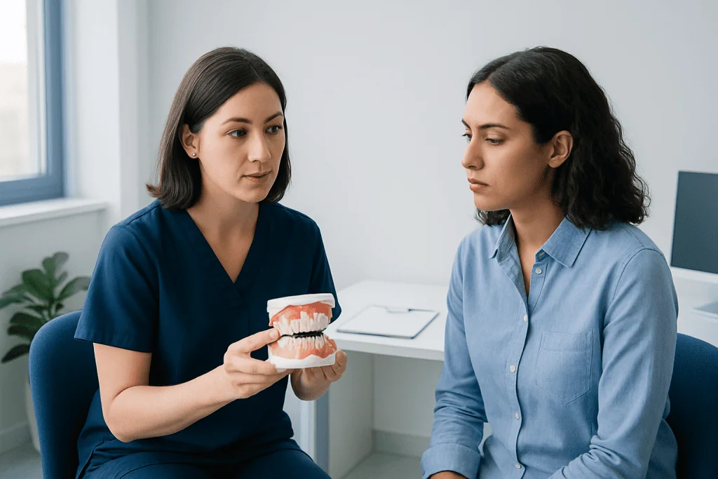 Dental professional explains teeth whitening options to patient in clinic.