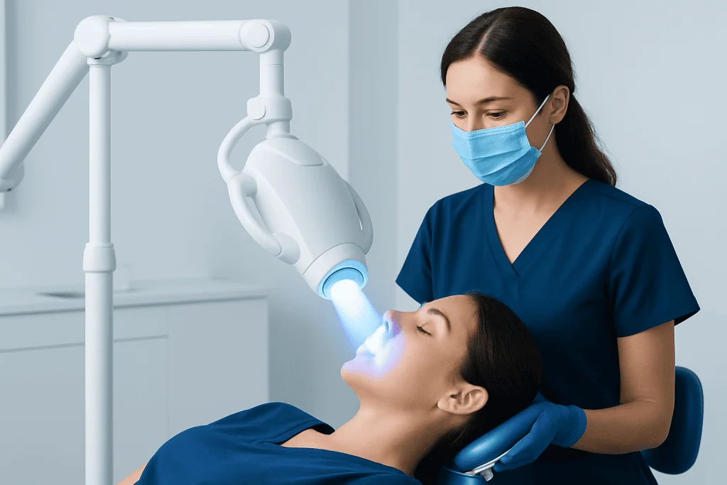 Dental professional performing teeth whitening procedure with LED light.