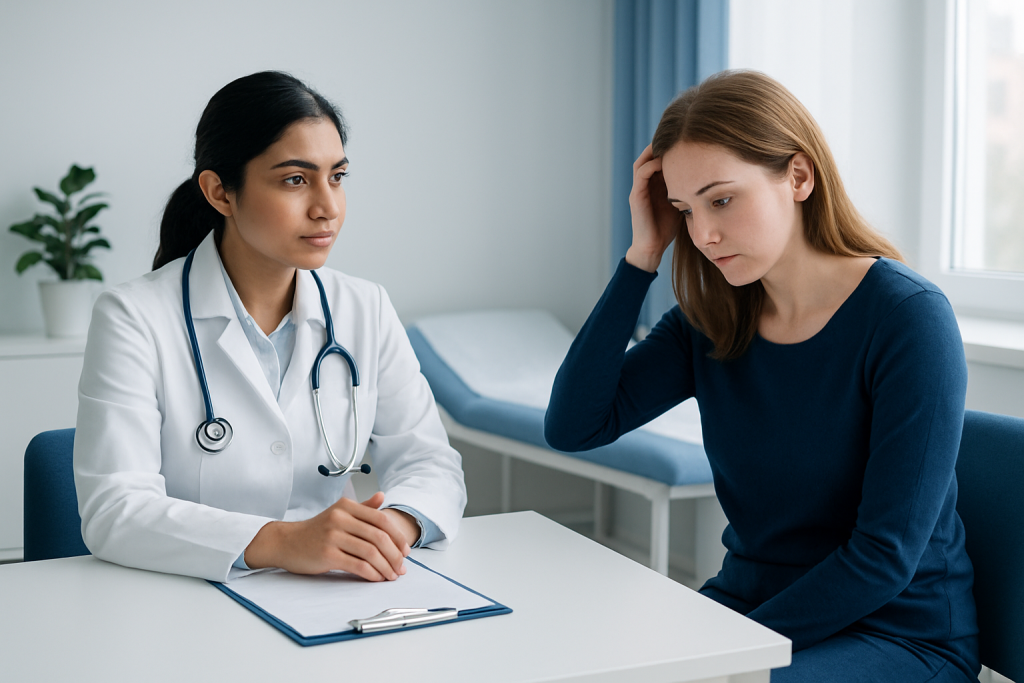 Doctor consulting with a patient about hair loss and stress.