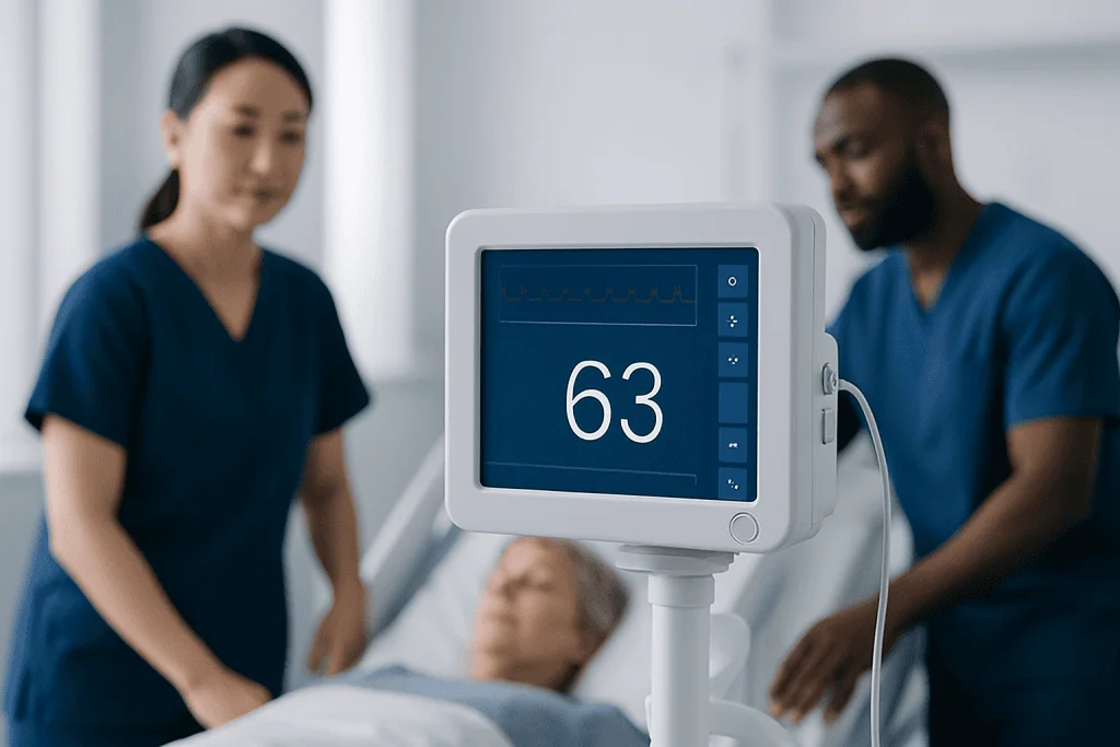 Patient monitored with vital signs display in hospital room.