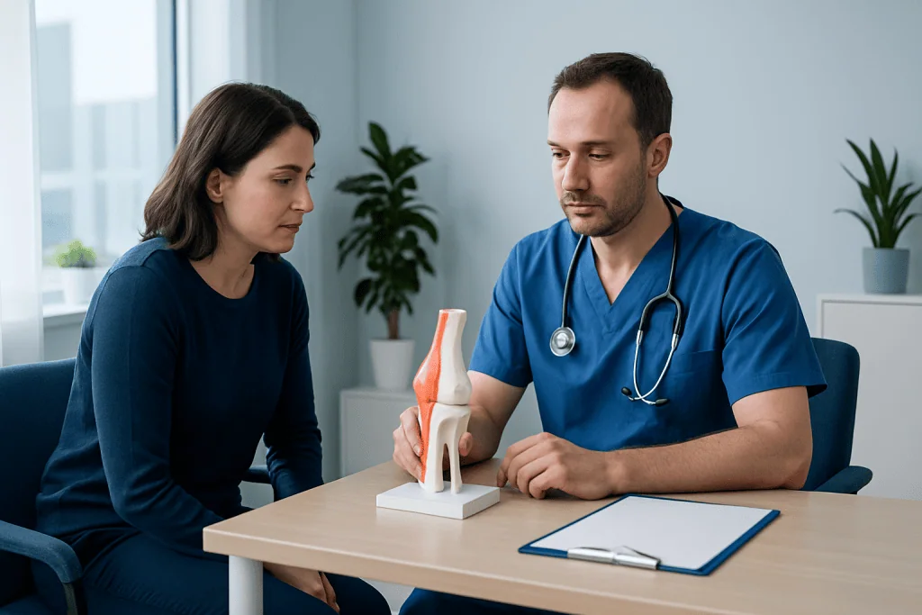 Doctor explaining Achilles tendon model to patient in clinic setting.