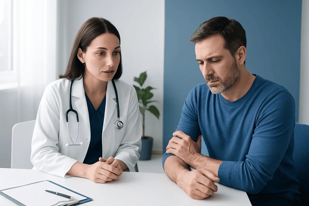 Doctor consulting with patient about tendonitis treatment options.