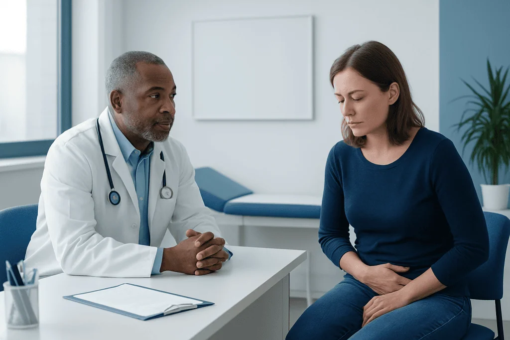Doctor consulting with a female patient in a medical office.