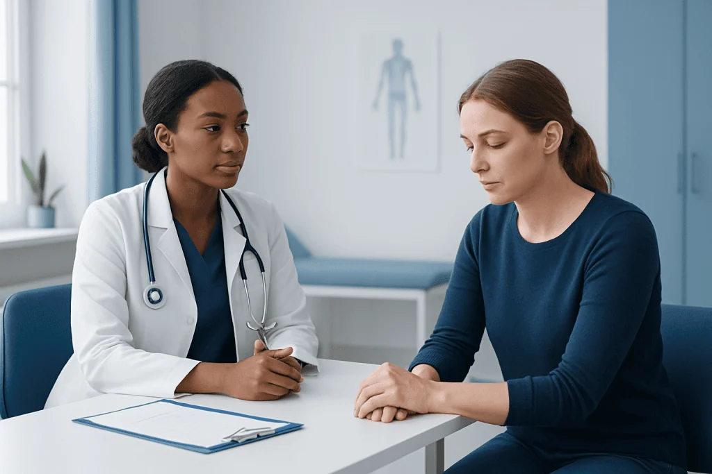 Doctor consulting with a patient in a modern medical office.