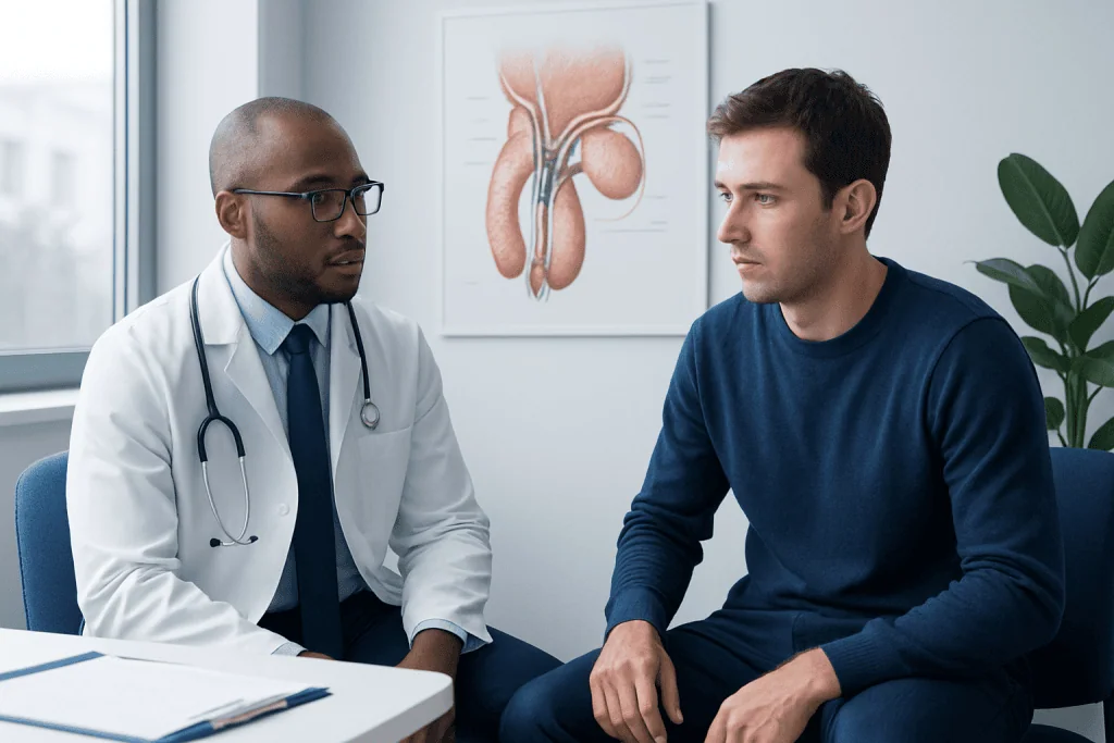 Urologist consulting with patient about testicular health and torsion symptoms.