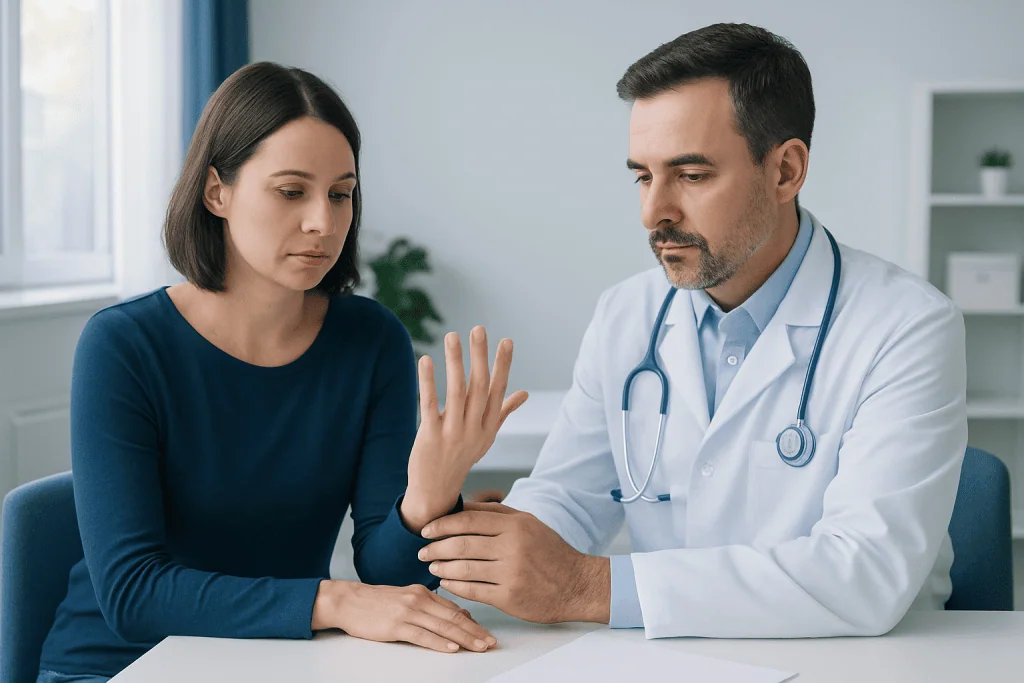 Doctor examining patient's hand for symptoms of tetany.