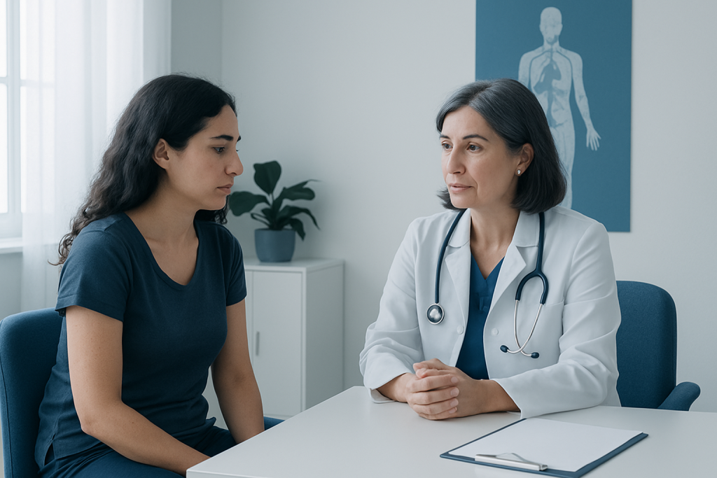 Doctor consulting with a young female patient in a medical office.