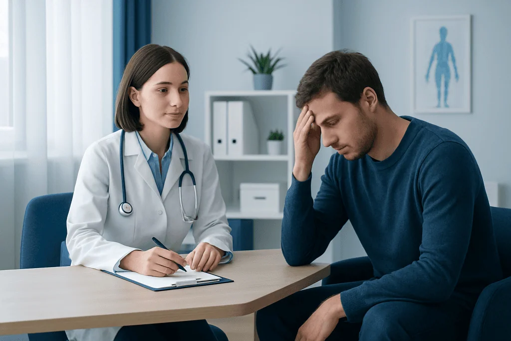 Doctor consulting a patient about health concerns in a medical office.