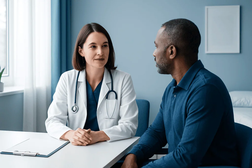 Doctor consulting male patient in a medical office at Acibadem Hospitals.