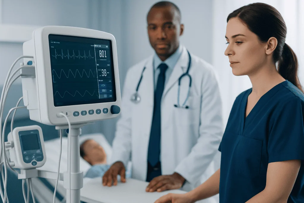 Medical professionals monitoring patient vital signs in hospital.
