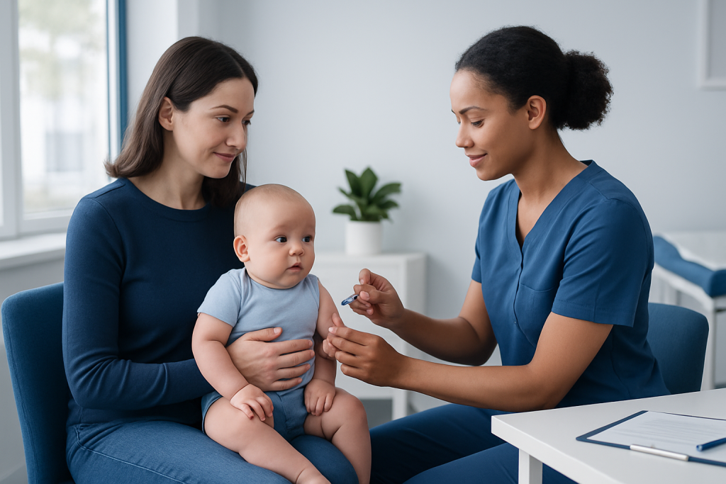 Pediatric vaccination consultation at Acibadem Hospital with mother and nurse.
