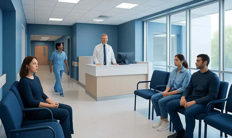 Patients waiting in a modern hospital reception area with medical staff present.