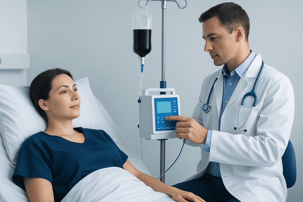 Doctor checking IV drip in hospital room with patient.