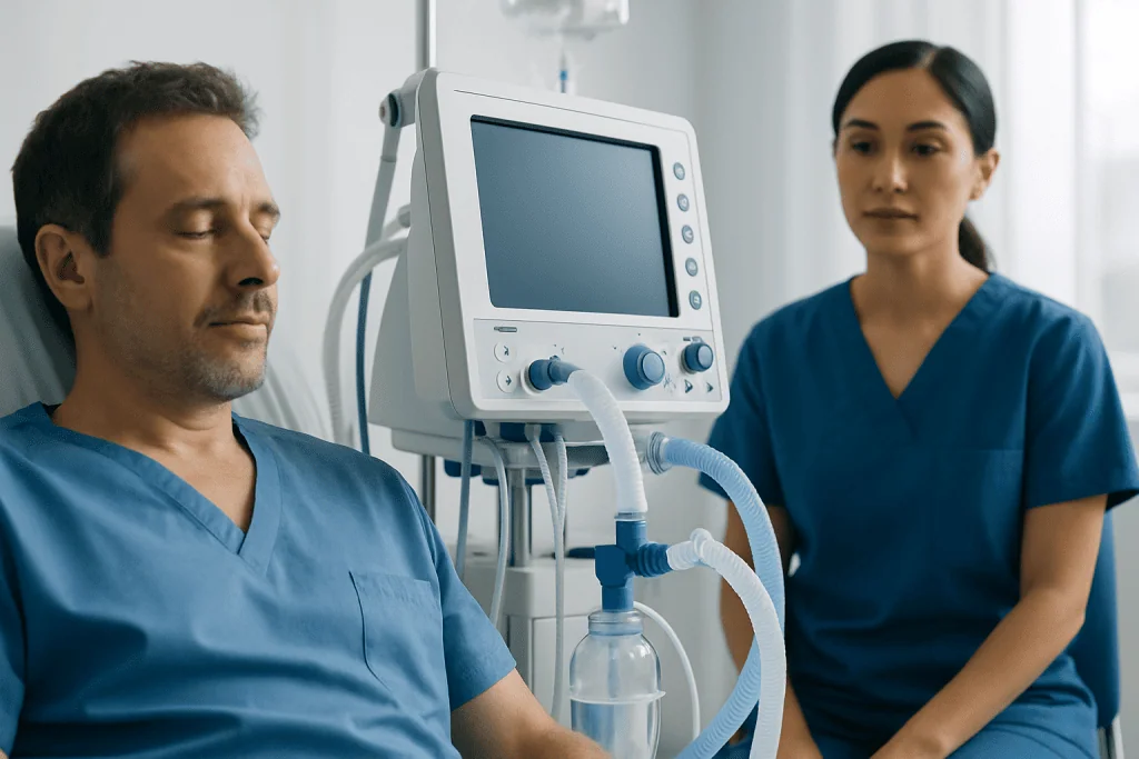 Patient receiving respiratory support in hospital with medical staff present.