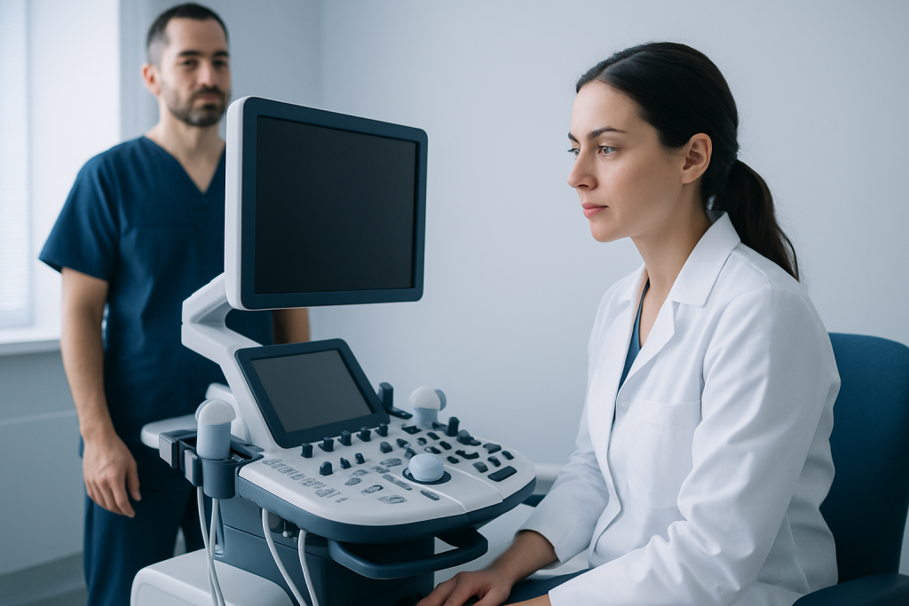 Medical professionals using ultrasound equipment in a hospital setting.