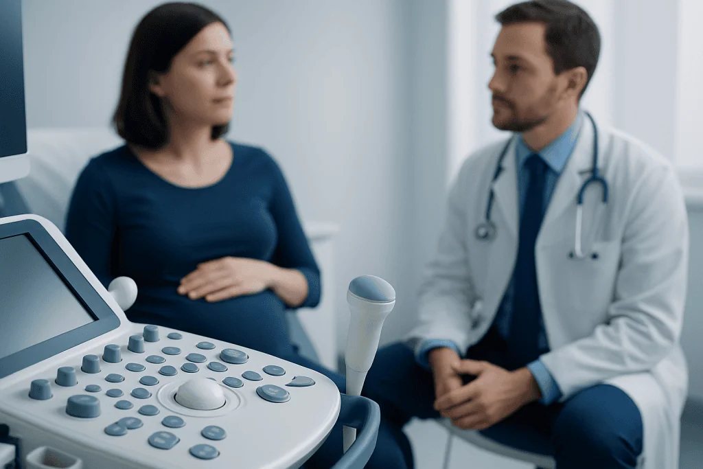 Doctor consulting pregnant woman in a medical examination room.